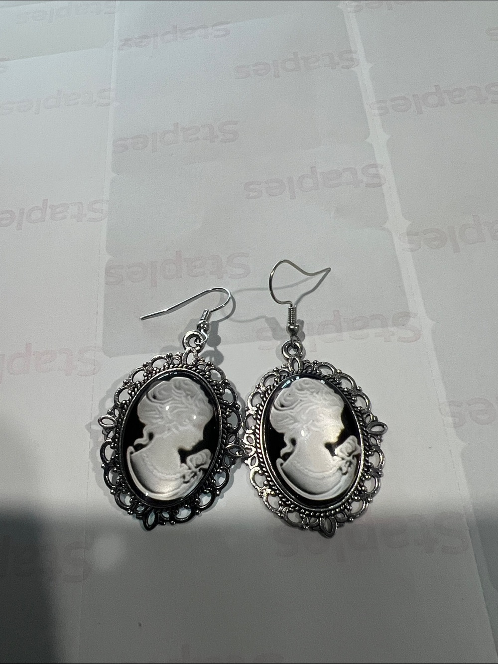 Vintage-Inspired Black & Silver Cameo Drop Earrings
